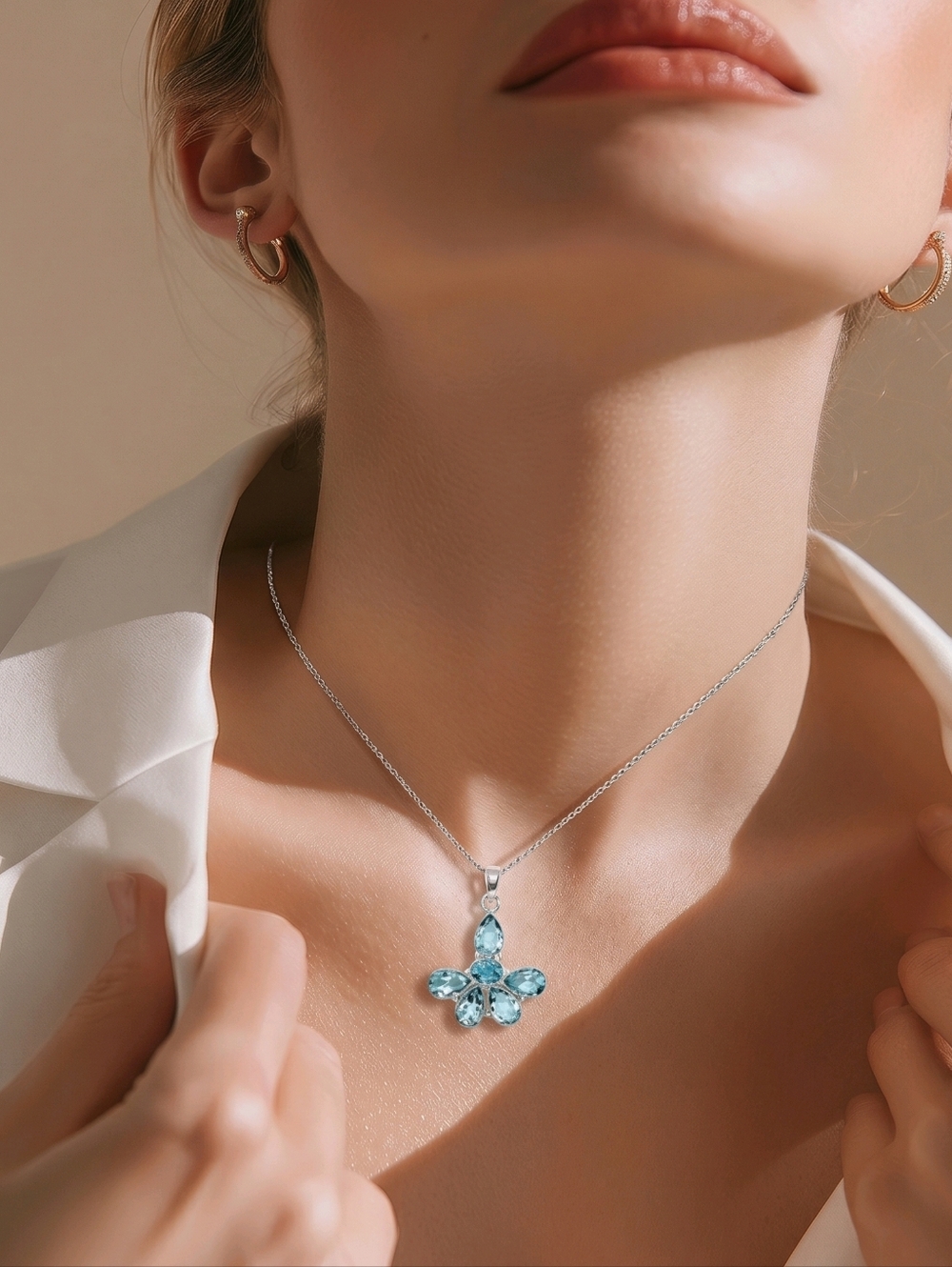 Elegant Blue Topaz  Floral Pendant  - Women Jewelry